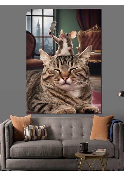 Selfie Çeken Fare ve Kedi Dekoratif Kanvas - Mdf Ahşap Tablo
