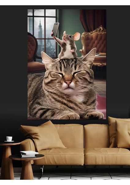 Selfie Çeken Fare ve Kedi Dekoratif Kanvas - Mdf Ahşap Tablo