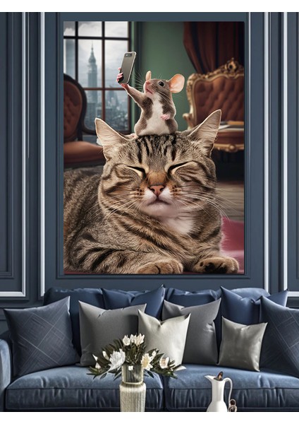 Selfie Çeken Fare ve Kedi Dekoratif Kanvas - Mdf Ahşap Tablo