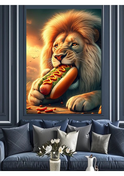 Hotdog Yiyen Aslan Dekoratif Kanvas - Mdf Ahşap Tablo