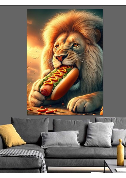 Hotdog Yiyen Aslan Dekoratif Kanvas - Mdf Ahşap Tablo