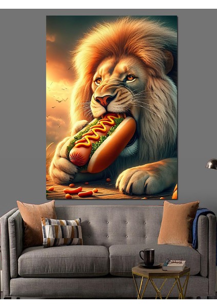 Hotdog Yiyen Aslan Dekoratif Kanvas - Mdf Ahşap Tablo