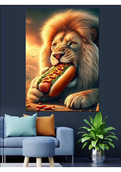 Hotdog Yiyen Aslan Dekoratif Kanvas - Mdf Ahşap Tablo