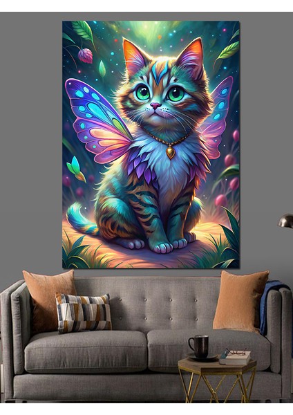 Peri Kanatlı Kedi Dekoratif Kanvas - Mdf Ahşap Tablo