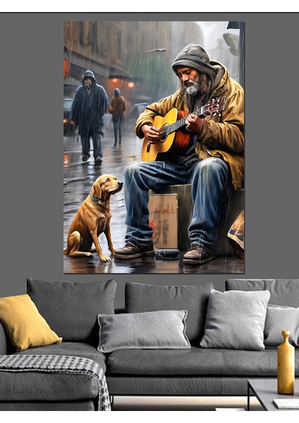 Sokakta Gitar Çalan Adam ve Köpeği Dekoratif Kanvas - Mdf Ahşap Tablo