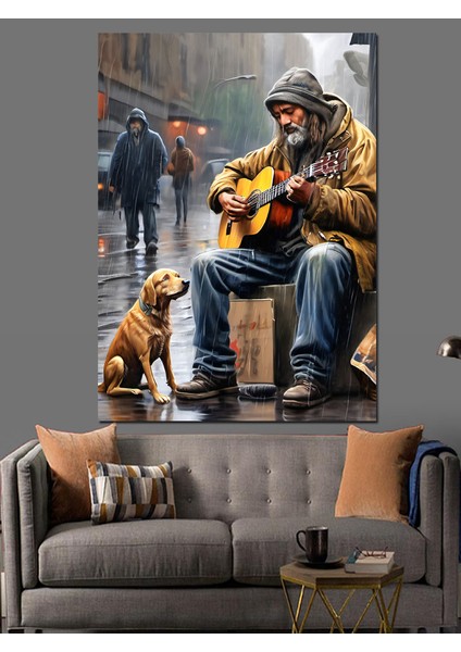 Sokakta Gitar Çalan Adam ve Köpeği Dekoratif Kanvas - Mdf Ahşap Tablo fiyatları