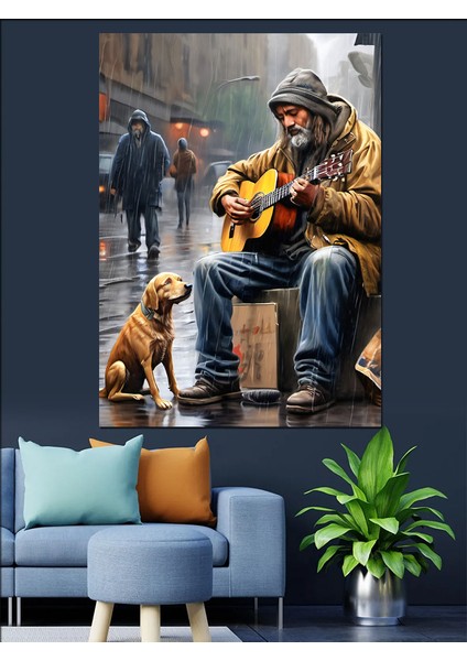 Sokakta Gitar Çalan Adam ve Köpeği Dekoratif Kanvas - Mdf Ahşap Tablo modelleri