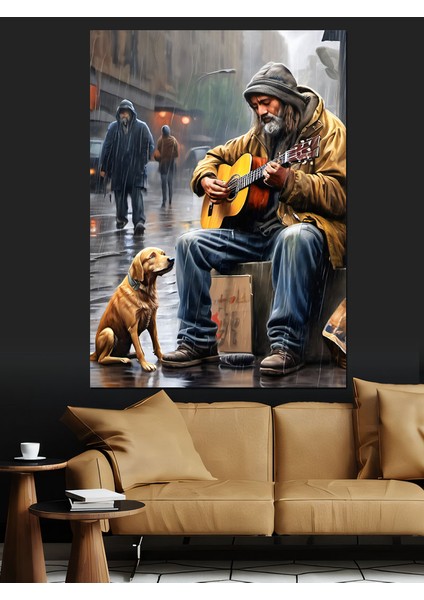 Sokakta Gitar Çalan Adam ve Köpeği Dekoratif Kanvas - Mdf Ahşap Tablo fırsatları