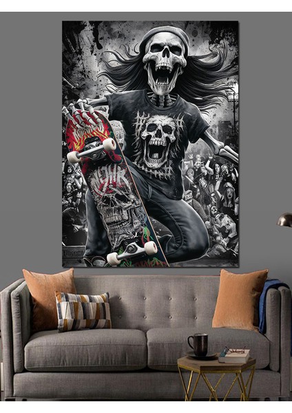 Kaykay Yapan Iskelet Dekoratif Kanvas - Mdf Ahşap Tablo