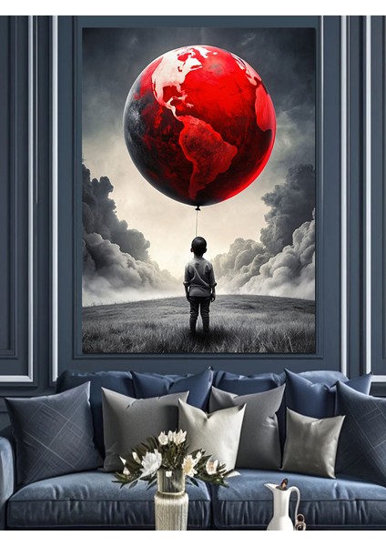 Dünya Şeklinde Uçan Balon ve Çocuk Dekoratif Kanvas - Mdf Ahşap Tablo