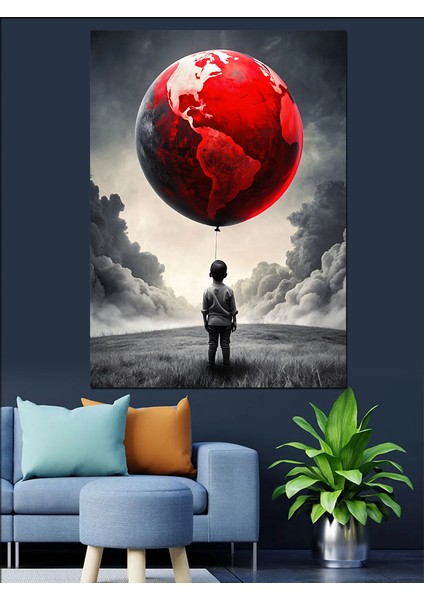 Dünya Şeklinde Uçan Balon ve Çocuk Dekoratif Kanvas - Mdf Ahşap Tablo fırsatları