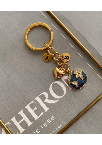 Zirkon Taşlı Dünya Iki Harf Anahtarlık