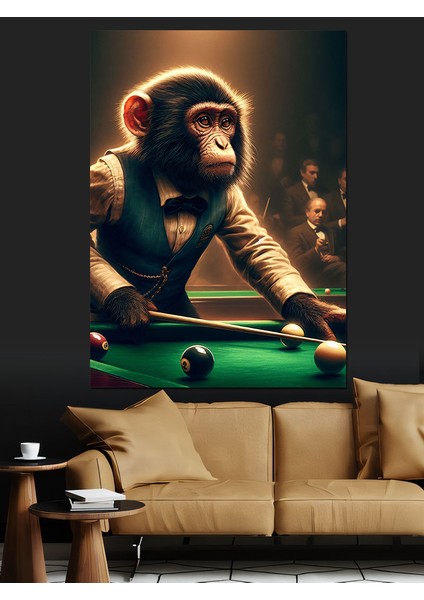 Bilardo Oynayan Takım Elbiseli Maymun Dekoratif Kanvas - Mdf Ahşap Tablo