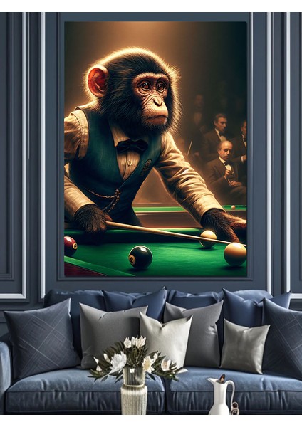 Bilardo Oynayan Takım Elbiseli Maymun Dekoratif Kanvas - Mdf Ahşap Tablo