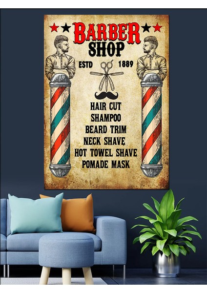 Berber Dükkanı Temalı Dekoratif Kanvas - Mdf Ahşap Tablo