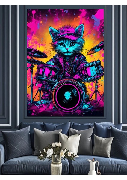 Bateri Çalan Kedi Dekoratif Kanvas - Mdf Ahşap Tablo