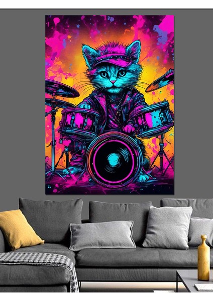 Bateri Çalan Kedi Dekoratif Kanvas - Mdf Ahşap Tablo fiyatları
