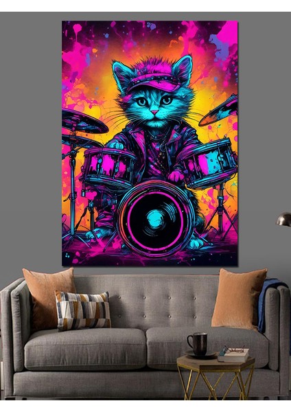 Bateri Çalan Kedi Dekoratif Kanvas - Mdf Ahşap Tablo modelleri