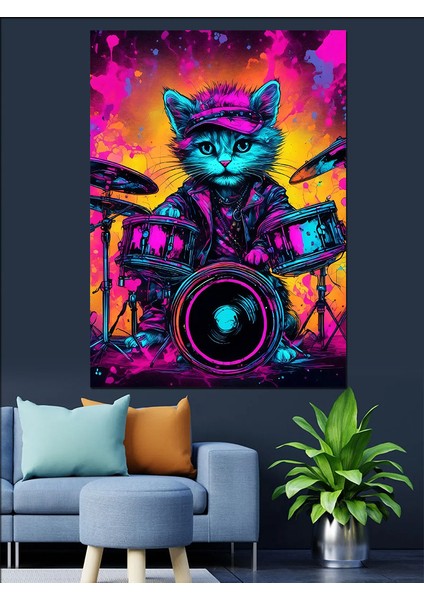 Bateri Çalan Kedi Dekoratif Kanvas - Mdf Ahşap Tablo fırsatları