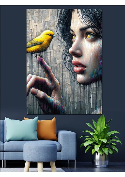 Sarı Kuş ve Kız Dekoratif Kanvas - Mdf Ahşap Tablo fiyatları