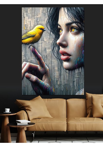 Sarı Kuş ve Kız Dekoratif Kanvas - Mdf Ahşap Tablo modelleri