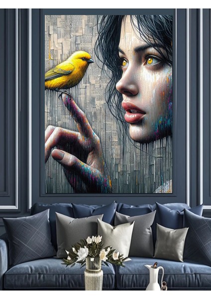 Sarı Kuş ve Kız Dekoratif Kanvas - Mdf Ahşap Tablo fırsatları