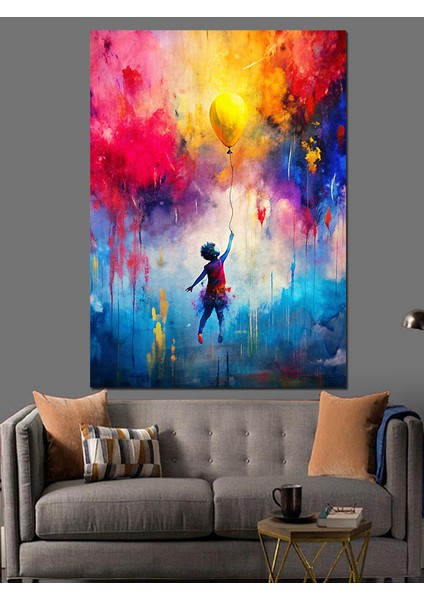 Sarı Uçan Balon ve Çocuk Dekoratif Kanvas - Mdf Ahşap Tablo