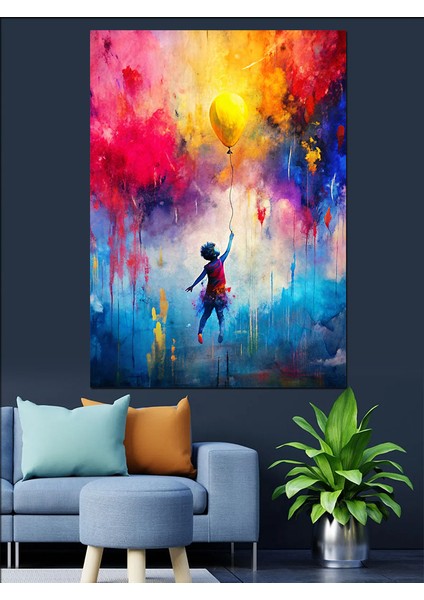 Sarı Uçan Balon ve Çocuk Dekoratif Kanvas - Mdf Ahşap Tablo fiyatları
