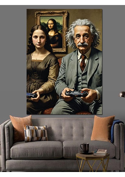 Albert Einstein ve Mona Lisa Fun Art Dekoratif Kanvas - Mdf Ahşap Tablo