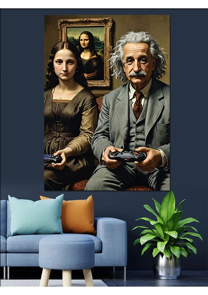 Albert Einstein ve Mona Lisa Fun Art Dekoratif Kanvas - Mdf Ahşap Tablo fiyatları