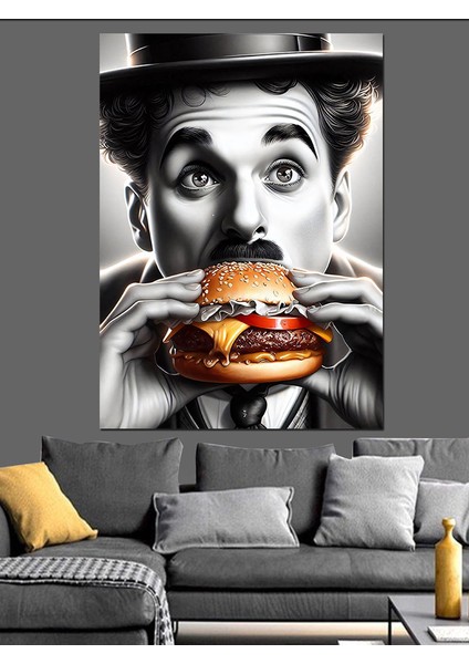 Hamburger Yiyen Charlie Chaplin Dekoratif Kanvas - Mdf Ahşap Tablo