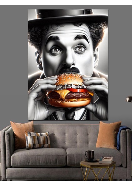 Hamburger Yiyen Charlie Chaplin Dekoratif Kanvas - Mdf Ahşap Tablo