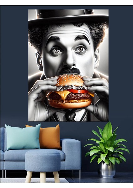 Hamburger Yiyen Charlie Chaplin Dekoratif Kanvas - Mdf Ahşap Tablo
