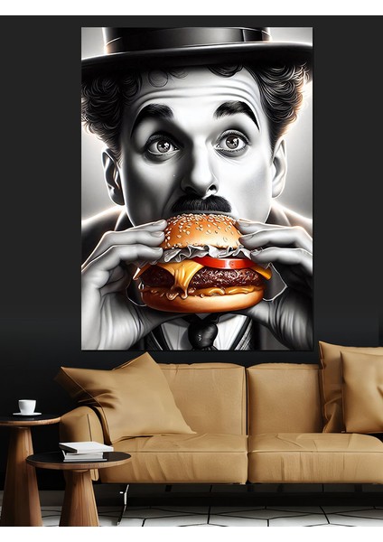 Hamburger Yiyen Charlie Chaplin Dekoratif Kanvas - Mdf Ahşap Tablo