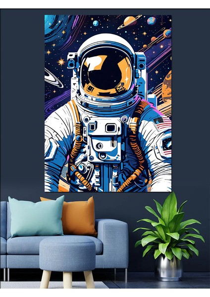 Amerikan Astronotu Uzay Dekoratif Kanvas - Mdf Ahşap Tablo