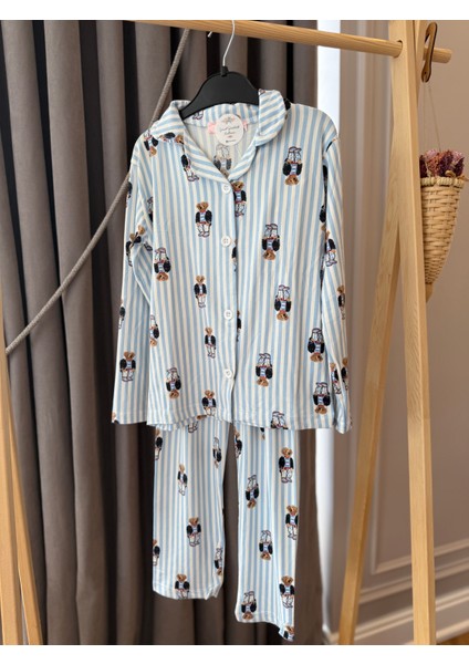 Babyaden Teddy Çizgili Pembe / Mavi Pamuklu Viskon Yumuşacık Önden Düğmeli Kız Erkek Pijama Takımı