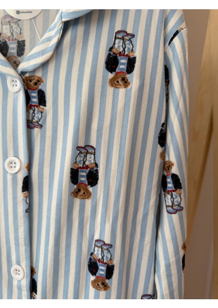 Babyaden Teddy Çizgili Pembe / Mavi Pamuklu Viskon Yumuşacık Önden Düğmeli Kız Erkek Pijama Takımı modelleri