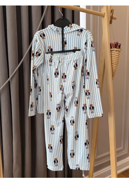 Babyaden Teddy Çizgili Pembe / Mavi Pamuklu Viskon Yumuşacık Önden Düğmeli Kız Erkek Pijama Takımı fırsatları