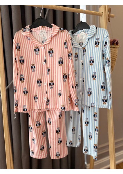 Babyaden Teddy Çizgili Pembe / Mavi Pamuklu Viskon Yumuşacık Önden Düğmeli Kız Erkek Pijama Takımı