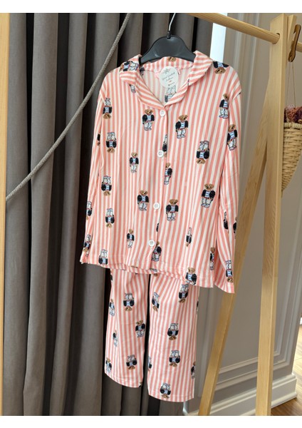 Babyaden Teddy Çizgili Pembe / Mavi Pamuklu Viskon Yumuşacık Önden Düğmeli Kız Erkek Pijama Takımı