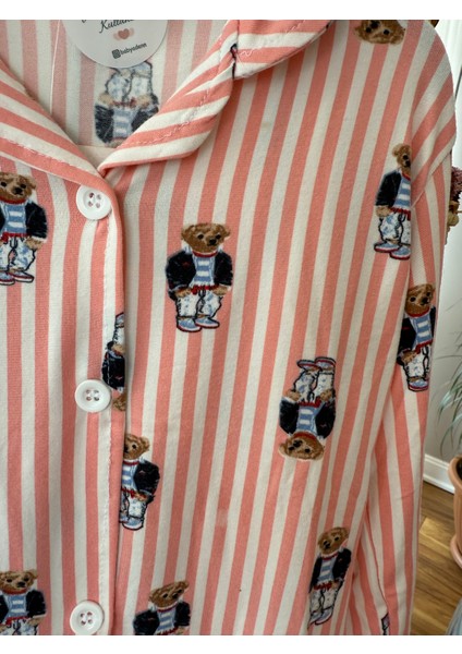 Babyaden Teddy Çizgili Pembe / Mavi Pamuklu Viskon Yumuşacık Önden Düğmeli Kız Erkek Pijama Takımı fiyatları