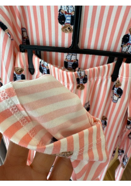 Babyaden Teddy Çizgili Pembe / Mavi Pamuklu Viskon Yumuşacık Önden Düğmeli Kız Erkek Pijama Takımı modelleri
