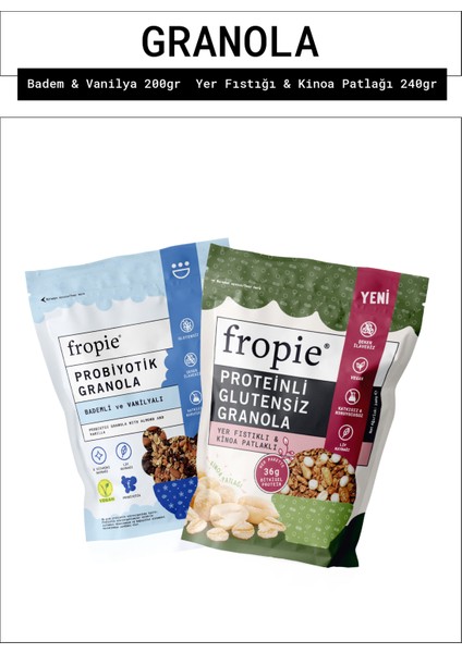Badem Vanilya ve Proteinli Glutensiz Yer Fıstıklı Kinoa Patlaklı Granola Paketi X2