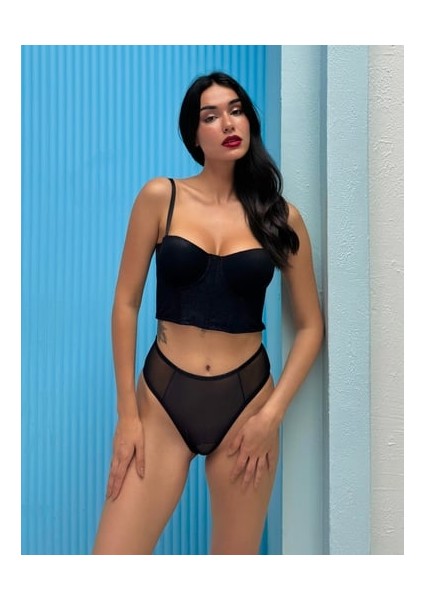 Destekli Siyah Hologram Bustiyer Takım