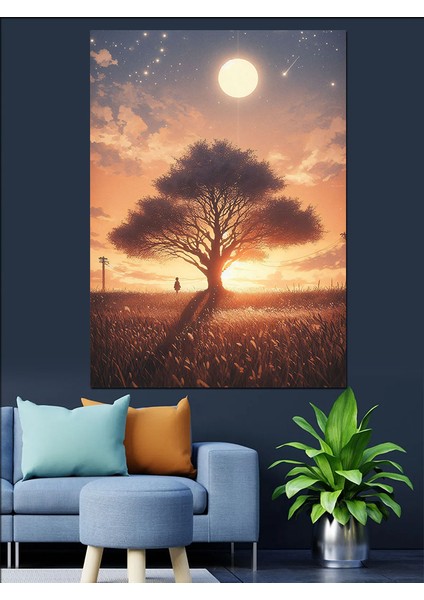 Güneş ve Büyük Ağaç Dekoratif Kanvas - Mdf Ahşap Tablo