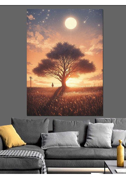 Güneş ve Büyük Ağaç Dekoratif Kanvas - Mdf Ahşap Tablo fırsatları