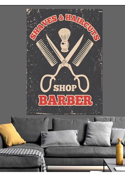 Berber Dükkanı Temalı Dekoratif Kanvas - Mdf Ahşap Tablo