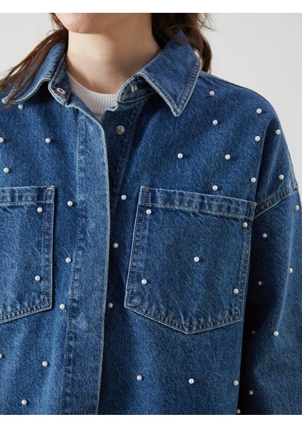 Lcw Comfort Gömlek Yaka Boncuklu Oversize Kadın Jean Tunik modelleri