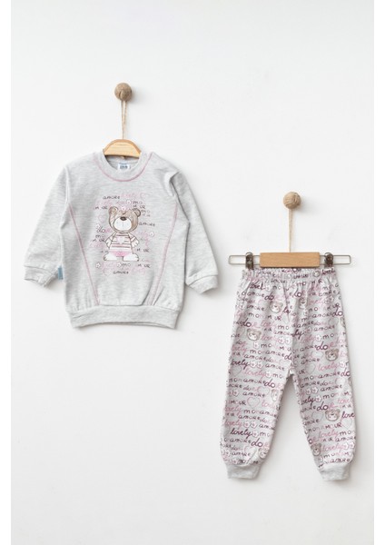 Ayı Baskılı Karyokalı Pamuklu Kumaş Alt-Üst Bebek Takımı