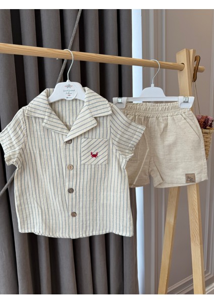 aden Düğün Özel Gün Doğum Günü Marine Çizgili Keten Gömlekli Şortlu Erkek Bebek Takım